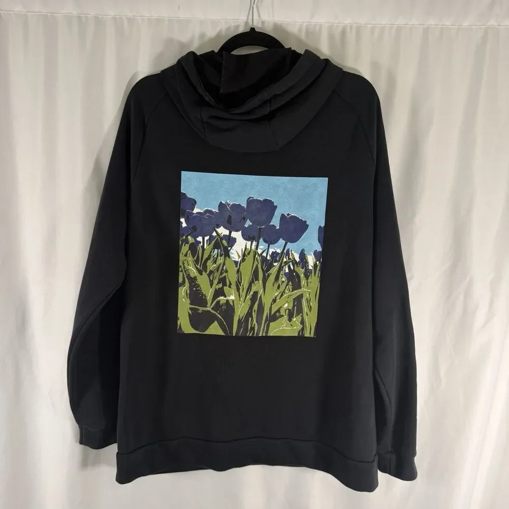 Nike Sweatshirt Men's Large Black Pullover Hooded Long Sleeve Pocket Flowers